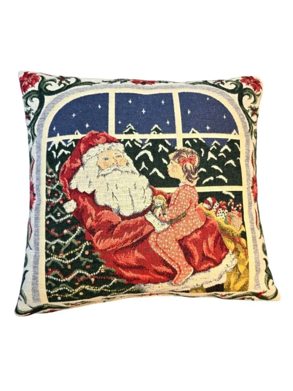Vintage 90s Needlepoint Santa Pillow 16 in Sq Christmas Tapestry Cushion Holiday
